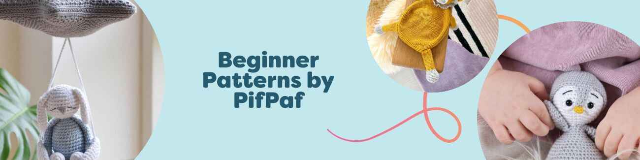 PifPaf beginner crochet patterns at Hobbii: amigurumi penguin, dog, and elephant, a lion baby comforter, and a starry mobile made with soft yarn.