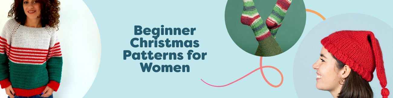 Collage of free beginner Christmas knitting and crochet patterns for women: sweaters, socks, and hats from Hobbii.