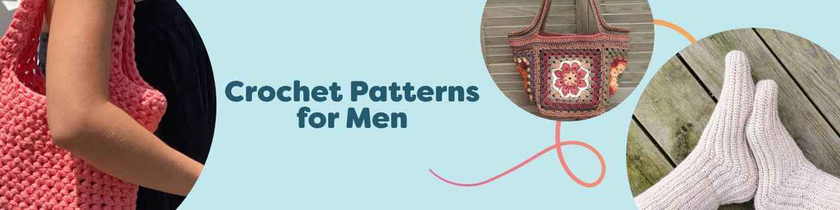 Crochet Patterns for Men by Hobbii featuring a hoodie, ribbed socks, and a beanie-and-scarf set in wearable colors.