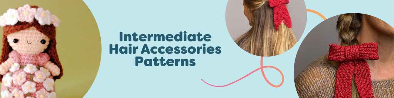 Intermediate hair accessory patterns from Hobbii featuring crochet and knit headbands, bows, and bandanas made with colorful yarns.