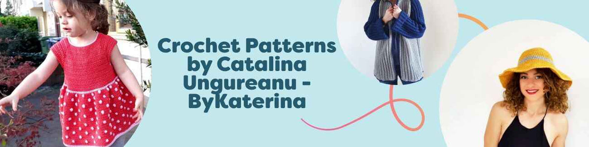 Collage of free ByKaterina crochet patterns—dress, vest, tank, hat, and sweater—made with Hobbii yarn in modern colors.