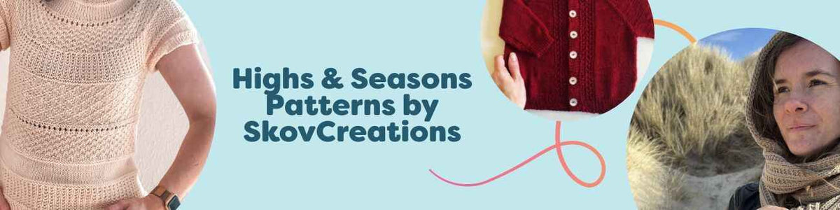 Highs & Seasons Patterns by SkovCreations at Hobbii—seasonal knitting and intermediate crochet patterns: tees, cardigans, sweaters, hoods, and scarves.