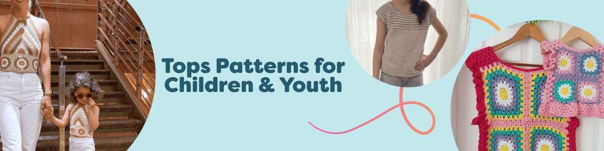 Collection image showing kids' and youth tops patterns for knitting and crochet from Hobbii—tees, peplums, and pullovers in soft, colorful yarns.