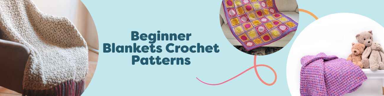 A stack of colorful, hand-crocheted beginner blankets—granny squares, stripes, and simple textures—folded on a sofa with the text Free Beginner Crochet Blanket Patterns by Hobbii.