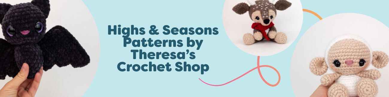 Highs & Seasons crochet pattern collection by Theresa’s Crochet Shop featuring amigurumi—Binx the Bat, Devin the Deer, and Lila the Lamb—styled with Hobbii yarn.