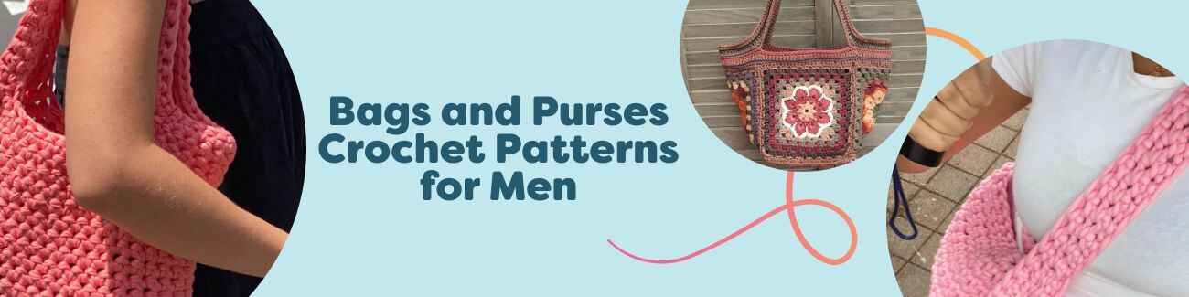 Flat lay of crocheted men's crossbody, tote, and messenger bags in neutral yarns, representing Hobbii Bags and Purses Crochet Patterns for Men.