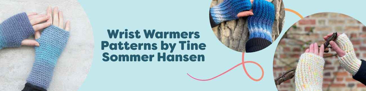 Collection of five wrist warmer patterns by Tine Sommer Hansen from Hobbii, featuring tweed, lace, and rib textures in soft neutrals and sea-inspired tones.