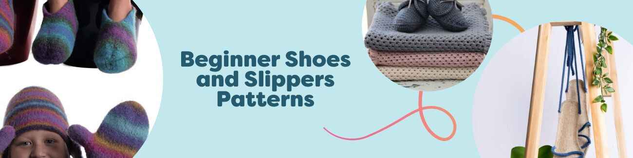 Collection image of free beginner crochet and knit patterns for shoes and slippers from Hobbii, showing baby booties, children’s slippers, felted house shoes, and espadrilles.