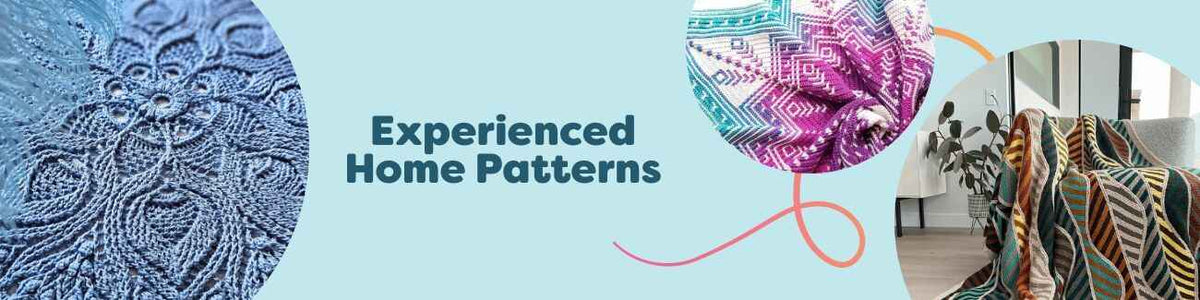 Experienced Home Patterns by Hobbii featuring intermediate crochet and knit home decor projects, with a textured blanket and pillow styled in a cozy room.