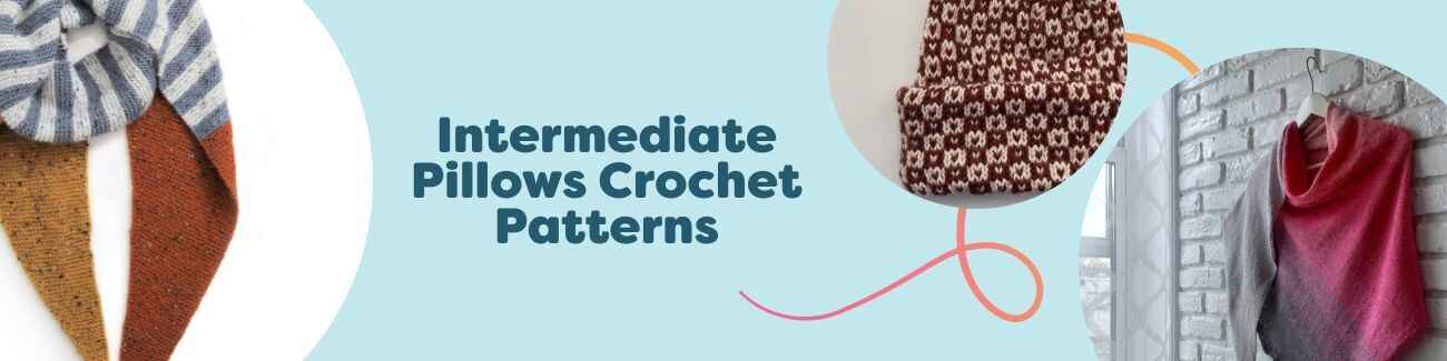 Assorted intermediate crochet pillows with textured stitches, cables, and colorwork styled on a sofa; free patterns by Hobbii.