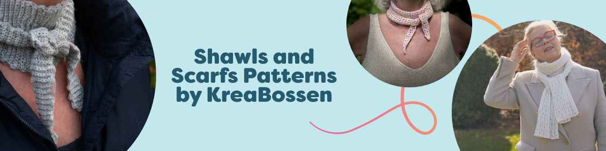 Collection image of KreaBossen shawl and scarf patterns at Hobbii—modern knit and crochet designs with airy textures, stripes, and cozy wraps.