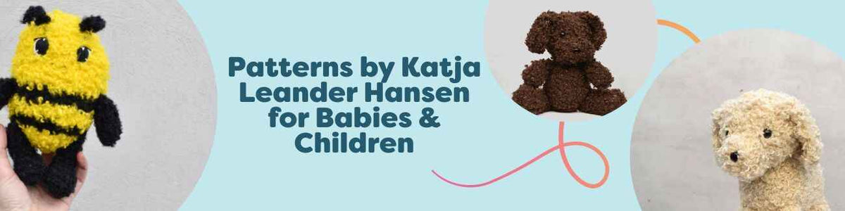 Babies’ and children’s crochet pattern collection by Katja Leander Hansen at Hobbii, featuring amigurumi toys like Cavapoo, Doodle Dog, and Splashy the Frog.