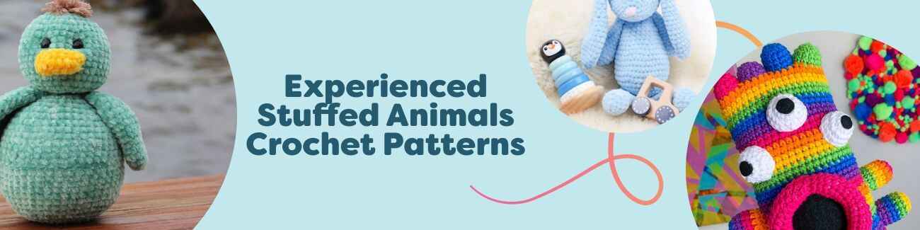 Group of crocheted stuffed animals for intermediate makers—bunnies, a friendly monster, and a dolphin—made with Hobbii yarns.