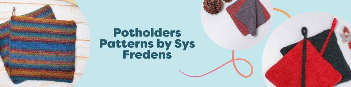 Collection of Sys Fredens crochet potholder patterns from Hobbii, including everyday and Christmas designs with felted and edged styles, shown with cotton yarn.