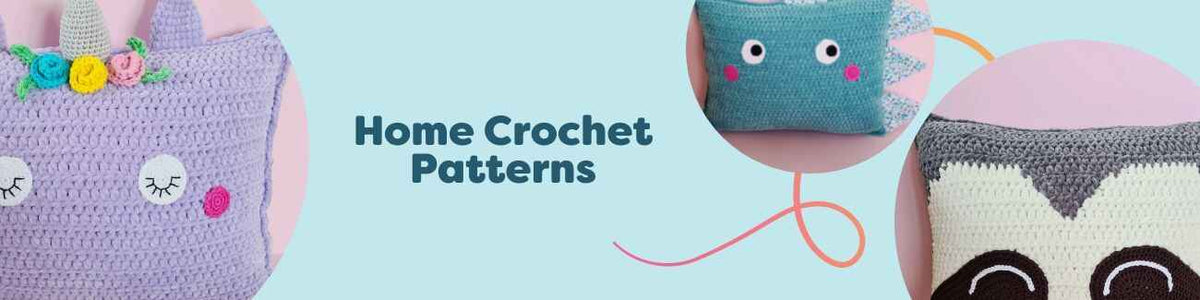 Free home crochet patterns from Hobbii featuring pillows, baskets, garlands, and cute animal-themed decor for cozy handmade home accents.