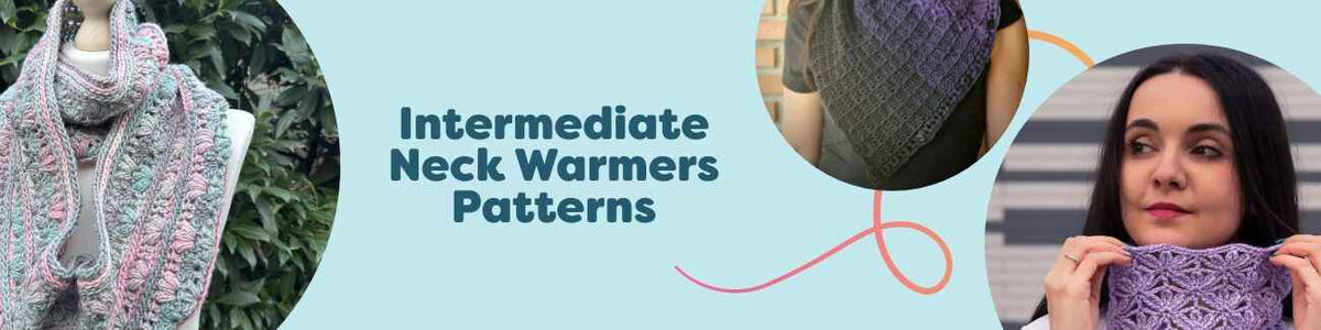 Models wearing handmade cowls, infinity cowls, and wraps—intermediate neck warmer patterns for crochet and knitting by Hobbii.