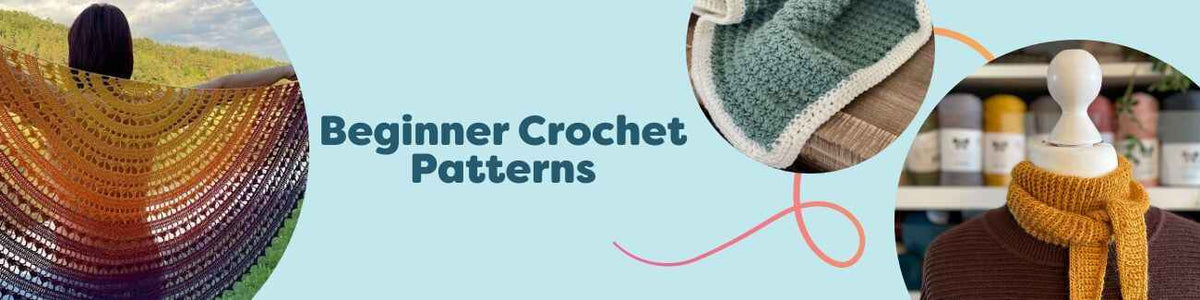 Beginner crochet patterns from Hobbii featuring simple scarves, bucket hats, shawls, and baby blankets made with easy stitches.
