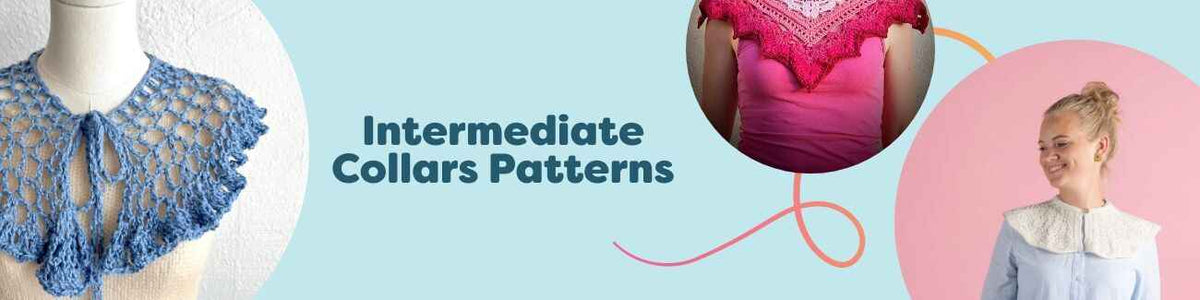 A selection of five collar pattern designs—Old Shale, Old Shale Mini, MasalaChai, Summer Collar, and Pyntekrave—suitable for intermediate crochet and knit makers.