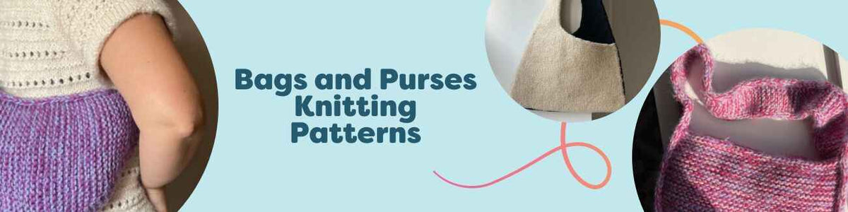 Assortment of bags and purses knitting patterns from Hobbii - totes, project and boxy bags - shown with yarn skeins and knitting needles on a neutral background.