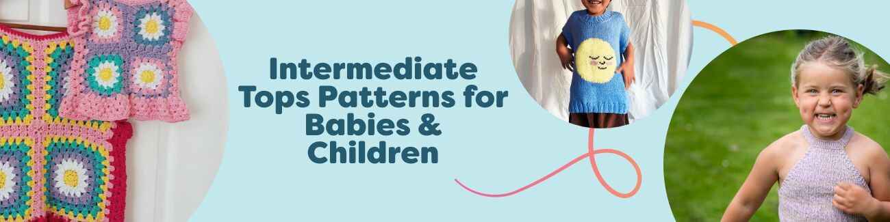 Selection of Hobbii intermediate crochet top patterns for babies and children, featuring peplum and T‑shirt styles with soft, colorful yarns.