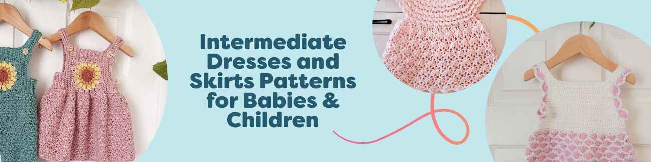 Babies and children in handmade dresses, pinafores, and skirts crafted in soft yarns—intermediate knit and crochet patterns by Hobbii.