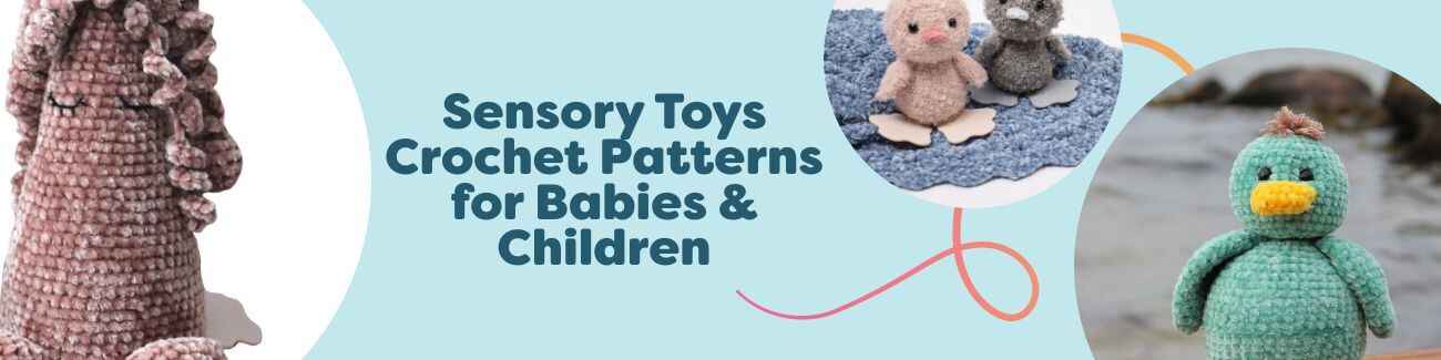Collection of free sensory crochet toy patterns for babies and children on Hobbii, featuring soft cones, curly ducklings, fish, and tactile shapes.