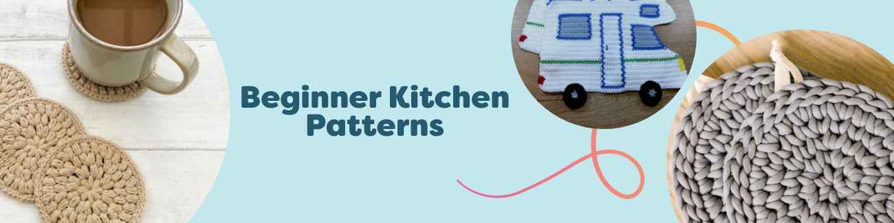Flat lay of beginner-friendly kitchen crochet and knit patterns from Hobbii, featuring colorful coasters, potholders, trivets, hot pads, and hand towels.