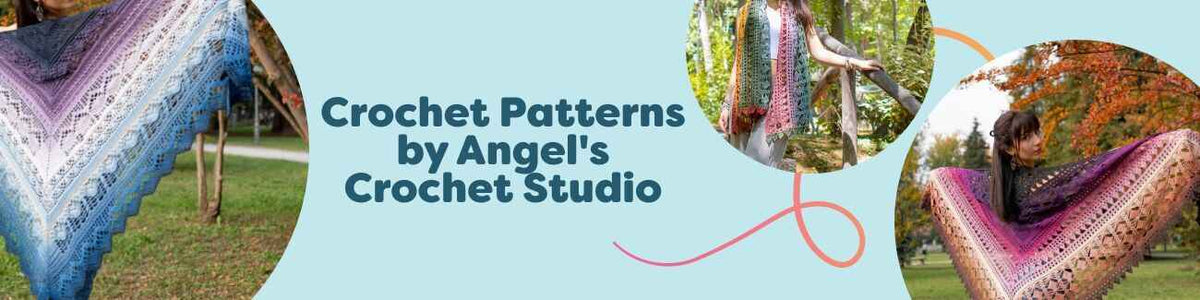 Hobbii collection of Angel's Crochet Studio patterns: models wearing lace shawls and wraps in gradient yarns; suited to intermediate crocheters.