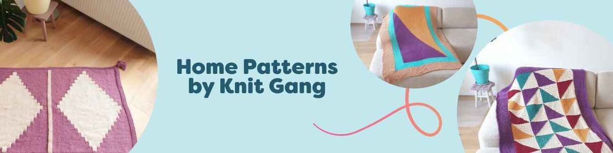 Grid of Home Patterns by Knit Gang: Annie blanket, Velvet Sunrise & Velvet Sunset blankets, and Anoki rug—cozy projects for intermediate crocheters.