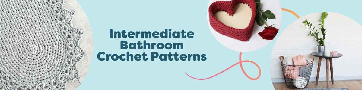 A curated set of intermediate bathroom crochet patterns from Hobbii featuring ribbon round rugs, bathroom mats, and heart baskets made with cotton and ribbon yarns.