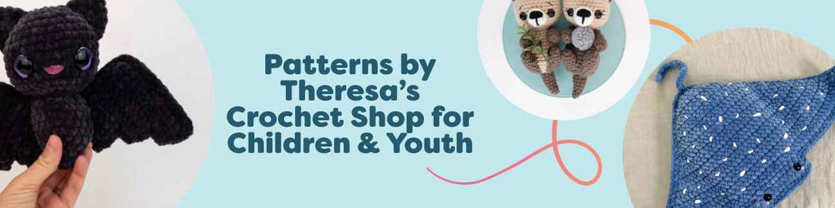 Theresa's Crochet Shop kids' patterns on Hobbii, featuring amigurumi animals like a bat, otter, elephant, ray, and duck, suitable for beginner to intermediate.