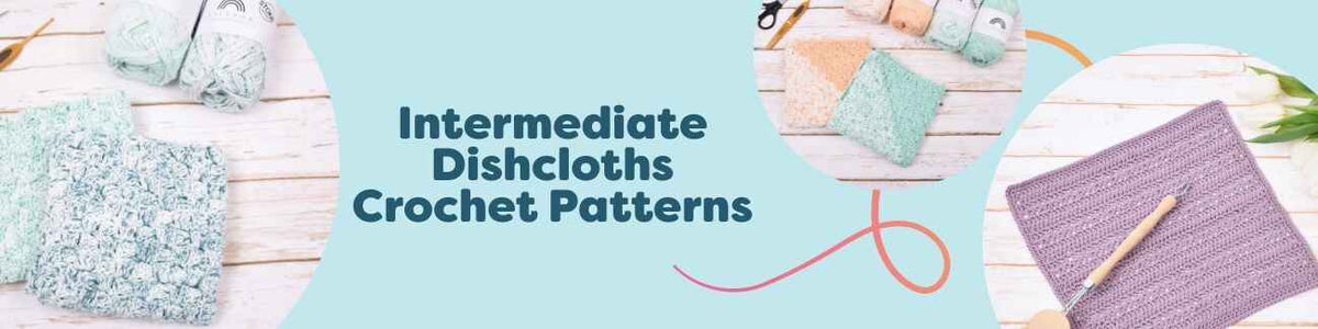 Intermediate crochet dishcloth patterns from Hobbii featuring textured stitches like wattle, C2C, and rib, shown in neutral stonewash cotton.
