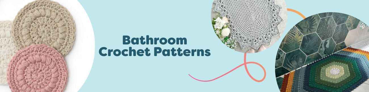 Flat lay of crochet bathroom set: textured washcloths and hand towel, loopy face scrubbies, a bath rug, and a storage basket made with cotton yarn.