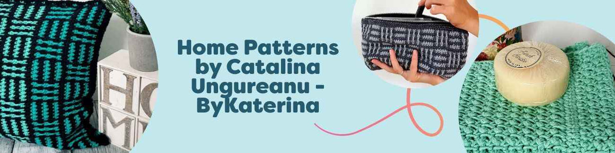 Home crochet patterns by Catalina Ungureanu (ByKaterina) featuring a plaid mosaic pillow, checker makeup pouch, and Venice towel set made with Hobbii yarn.