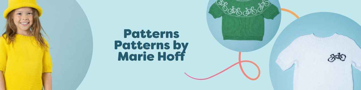 Grid of free crochet and knitting patterns by Marie Hoff—tees, kids tops, and Tour de France jersey motifs on Hobbii.