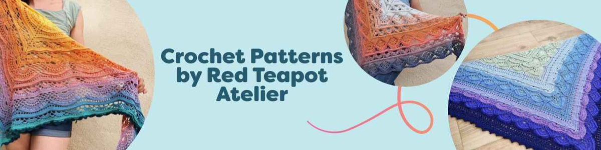 Collection hero image for Crochet Patterns by Red Teapot Atelier at Hobbii, showing lace crochet shawls and accessories with yarn skeins in soft tones.