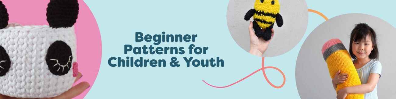 Assorted free beginner knitting and crochet patterns for children and youth, featuring cute toys, a panda basket, a giant pencil, a bag, and mittens.