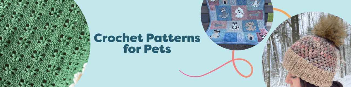 Dogs wearing crochet bandanas and lying on soft blankets, with Hobbii yarn and hooks nearby.