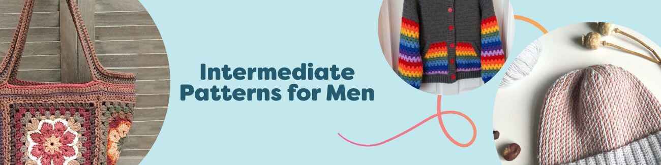 Assortment of men’s intermediate crochet and knit projects—hoodie, beanie, scarf, bag, and wrap—styled in modern colors from Hobbii.