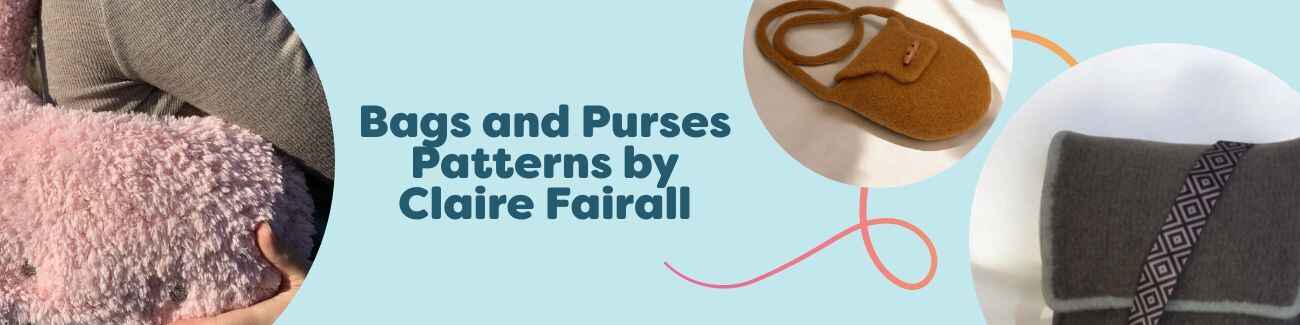 Assortment of Claire Fairall bag and purse patterns, including felted bags and totes, photographed with Hobbii yarn and crafting tools.