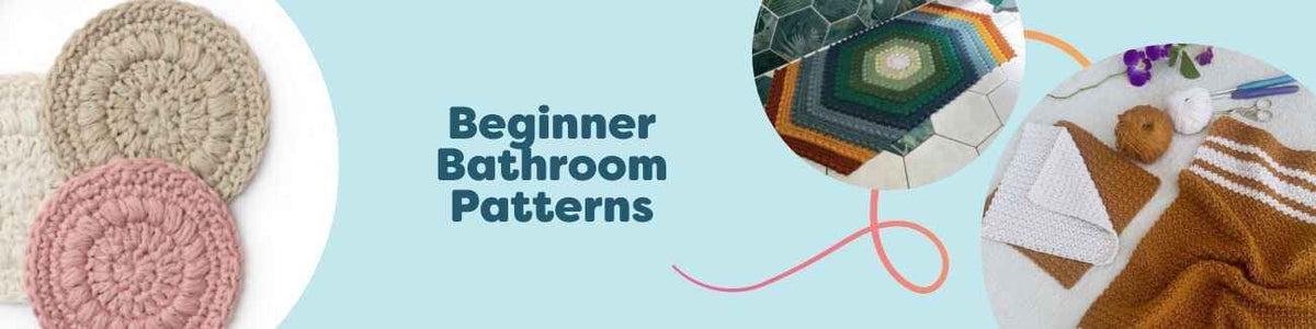 Beginner-friendly bathroom patterns from Hobbii: simple washcloths, face scrubbies, hand towels, and a storage basket made with soft cotton yarns.