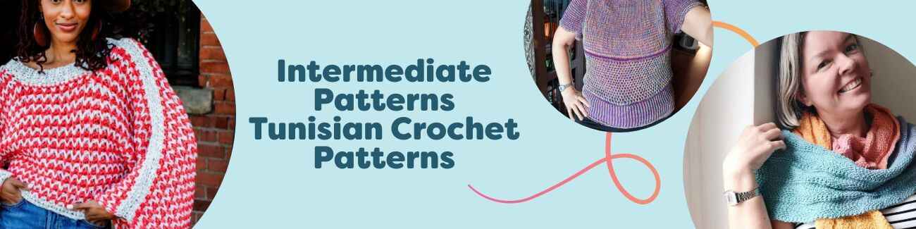 Assortment of free intermediate Tunisian crochet patterns from Hobbii—poncho, cardigan, t-shirt, scarf, and beaded shawl displayed on models.
