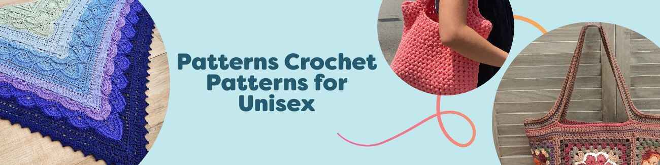 Collage of unisex crochet patterns from Hobbii: granny stitch hoodie, lacy shawl, rainbow bag, and a book cozy, suited to intermediate crocheters.