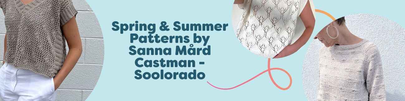 Collage of crochet summer tops and a jumper—Sunshine, Siri, Sweet Sybilla, Martha Halterneck, and Winsome Wenlynn—by Sanna Mård Castman (Soolorado) for Hobbii.