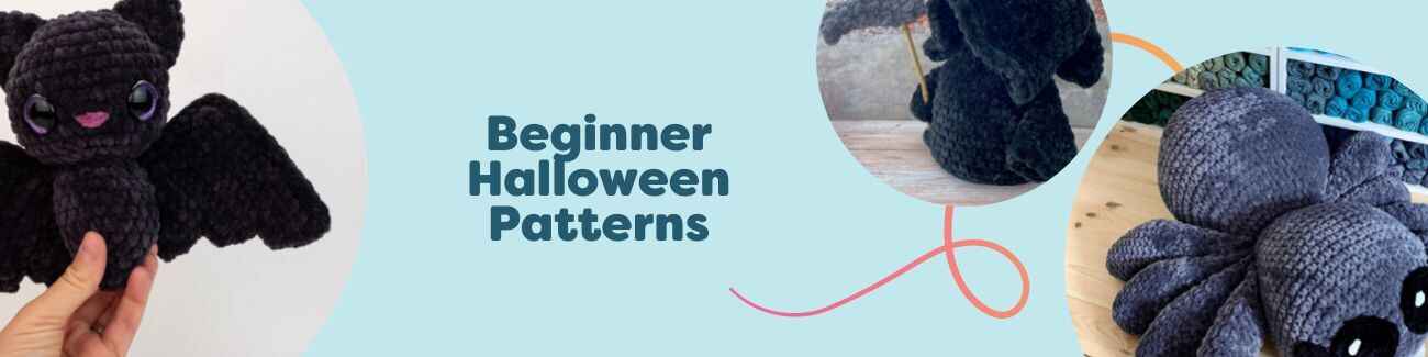 Beginner Halloween crochet and knit pattern collection from Hobbii featuring cute amigurumi (bat, cat), simple decor, and quick accessories.