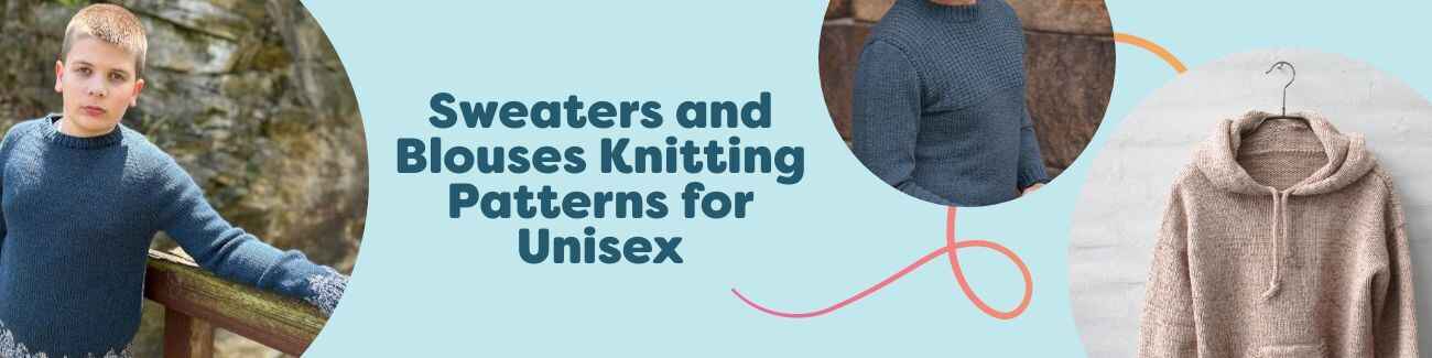 A curated collection of free unisex sweater and blouse knitting patterns from Hobbii, featuring modern pullovers, hoodies, and adult-size tops.