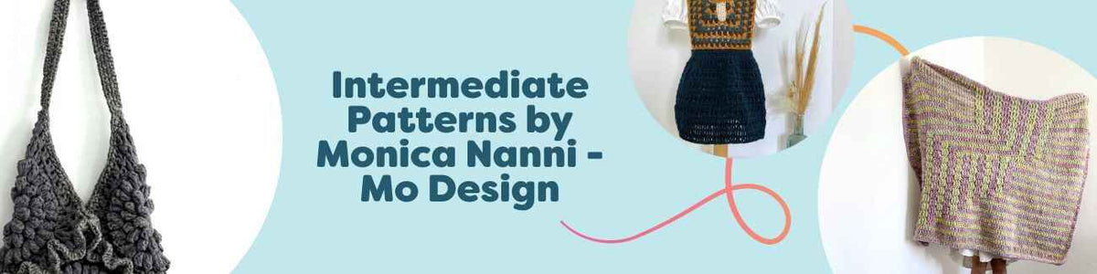 Collage of intermediate crochet patterns by Monica Nanni (Mo Design) featuring bags, beanies, blankets, and a children's dress made with Hobbii yarn.