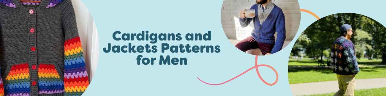 Models wearing men’s handmade crochet cardigans, jackets, hoodies, and capes, including a granny square jacket, for Hobbii’s Cardigans & Jackets for Men collection.