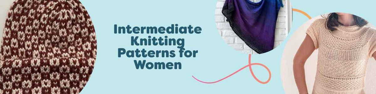 Women wearing hand-knit sweaters, tees, shawls, and beanies from Hobbii’s intermediate knitting patterns collection.