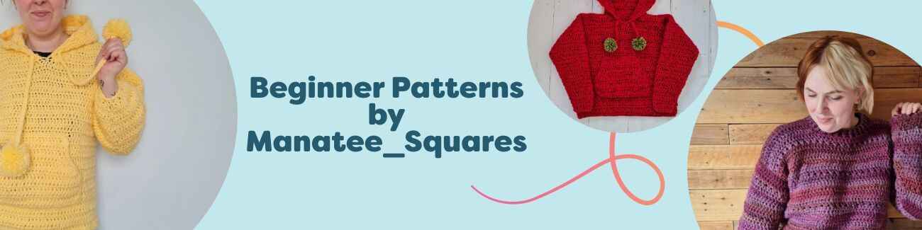 Collection image showing beginner-friendly crochet and knit patterns by Manatee_Squares—hoodies, sweaters, and bags—styled with Hobbii yarns.